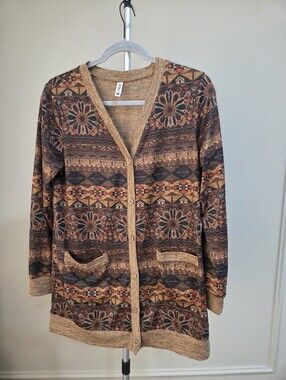 Grecerelle  Cozy Floral Patterned Button-Front Cardigan Sweater - Brown Sz.M